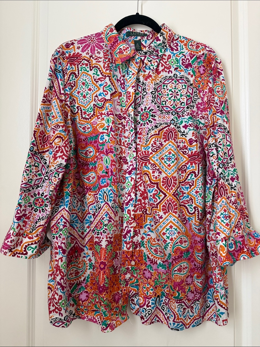 Ralph Lauren Boho Pink and Orange Multicolor Mosaic Print Cotton Blouse size 2X